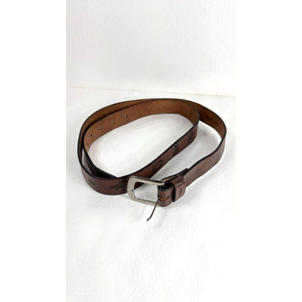 Peru Belt Brown Leather Embossed Celestial Animal Motifs Silver Buckle 58"